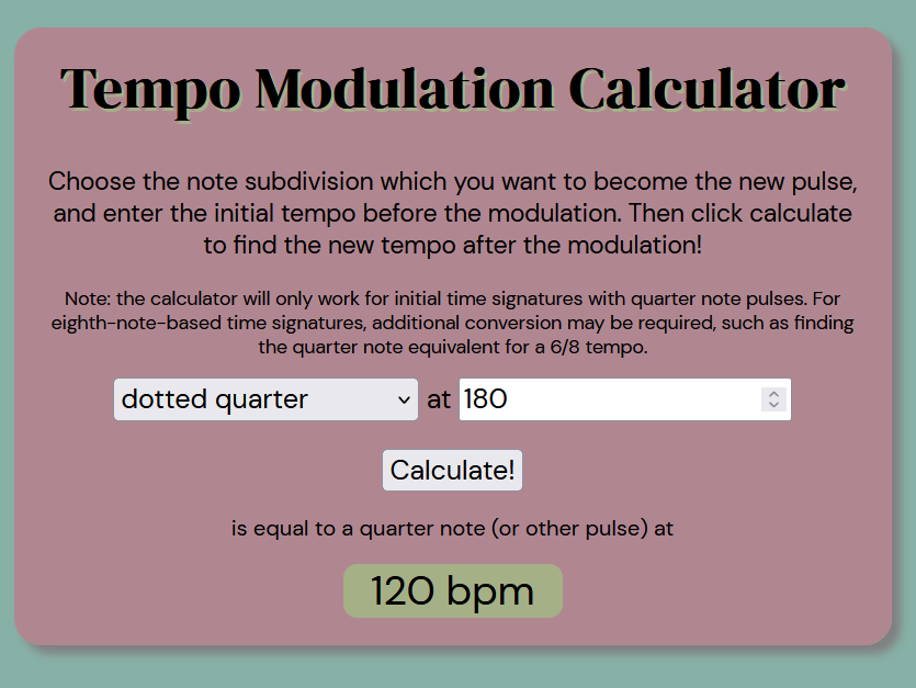 screenshot of Tempo Modulation Calculator Project